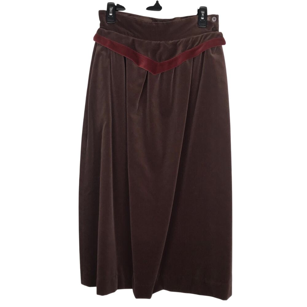 Vintage Linea V Midi Skirt Brown Velour Red V Waist Pockets Size 8 Made In USA